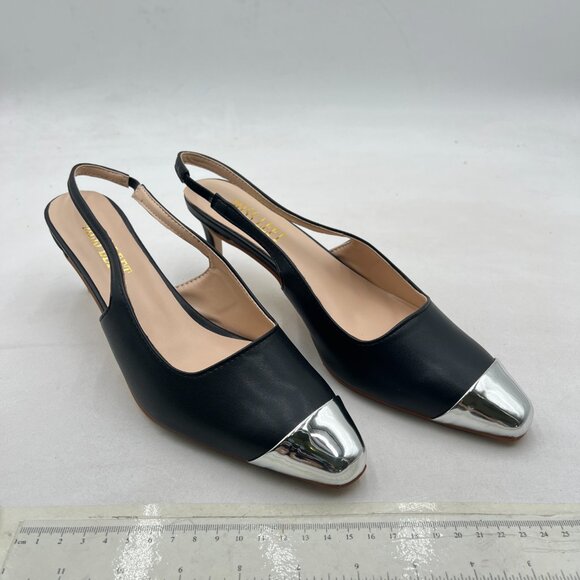 miss left Black Slingback Square Toe Metal Cap Mid Heels Slip On Pumps - Picture 4 of 8